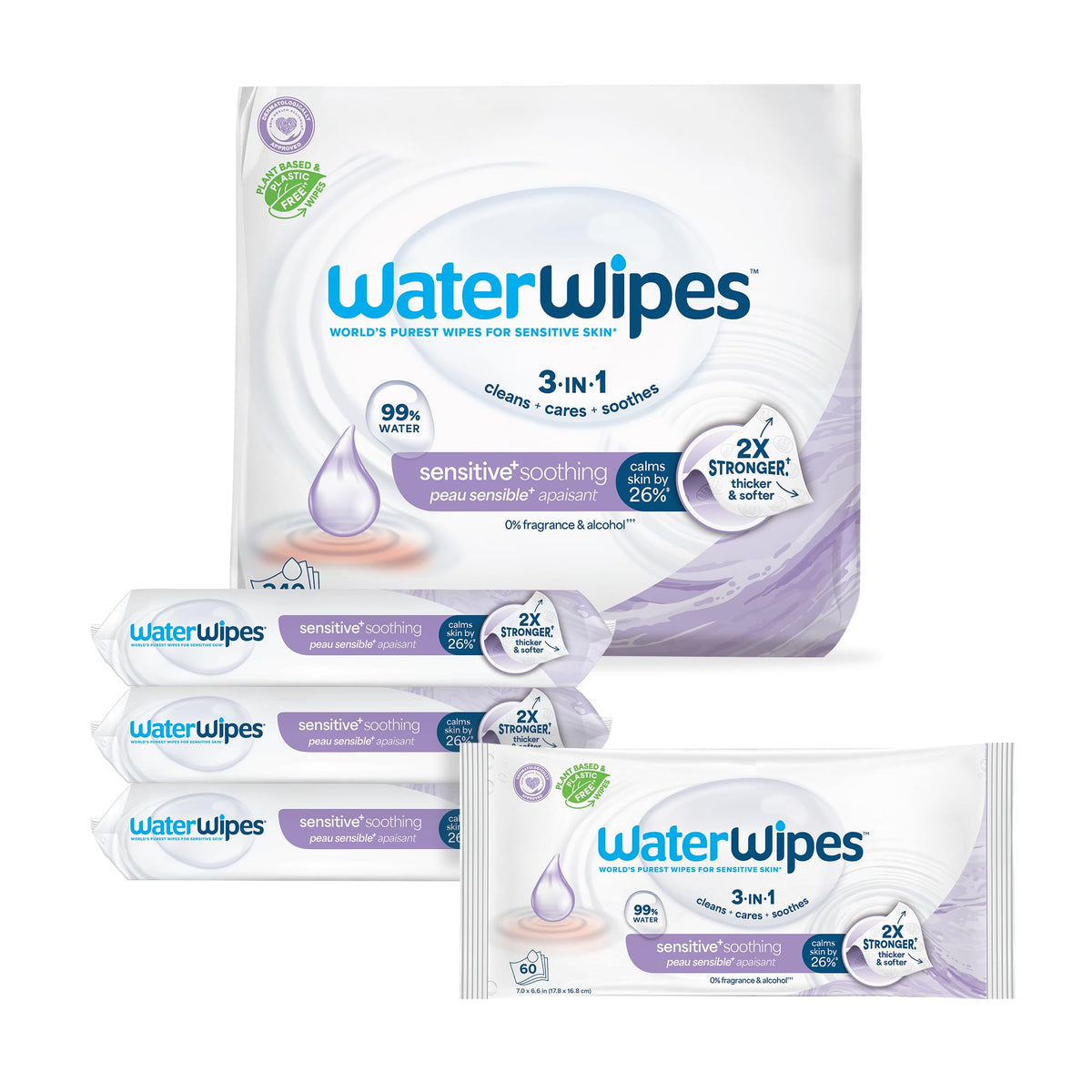 WaterWipes Sensitive+ Soothing Wipes, 3-In-1 Cleans, Cares, Soothes, 99% Water with Botanical Extract, Unscented & Hypoallergenic Baby Wipes, 360 Count (6 Packs)