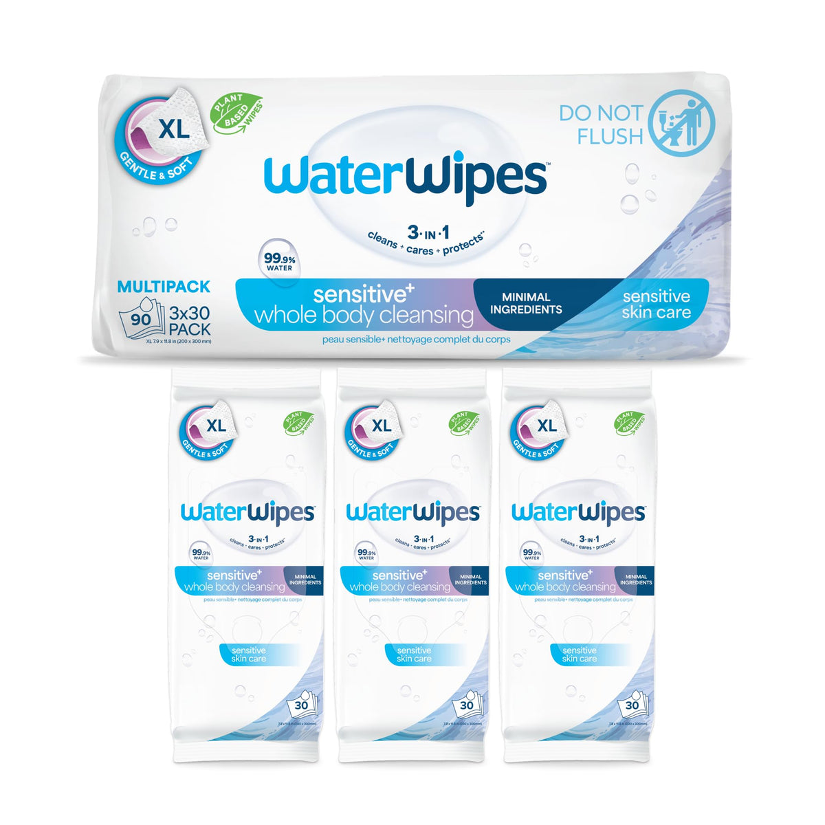 WaterWipes Sensitive Whole Body Cleansing Wipes, 99.9% Purified Water, XL Textured Wipes, Incontinence Care, Fragrance Free, 180 Count