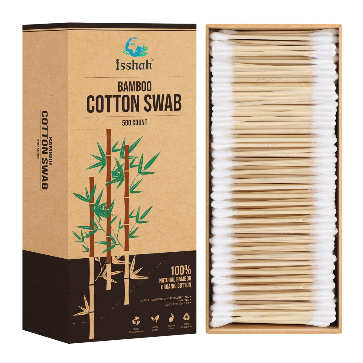 Isshah Double Tips Bamboo Cotton Swabs - 500 Count - FSC Certified