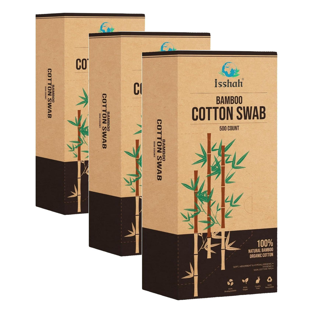 Isshah Double Tips Bamboo Cotton Swabs - 500 Count - FSC Certified