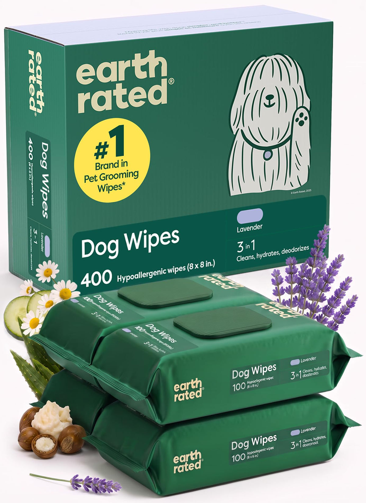 Earth Rated Dog Wipes for Paws & Butt, Deodorizing, Unscented, 400ct