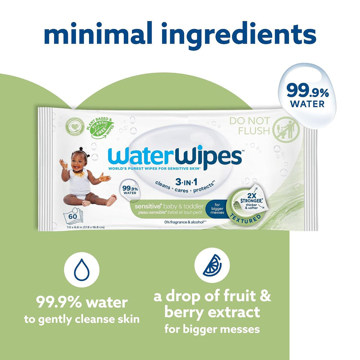 WaterWipes Sensitive+ Baby & Toddler Wipes, 3-In-1 Cleans, Cares, Protects, 99.9% Water, Textured Clean, Unscented & Hypoallergenic, 240 Count (4 Packs)