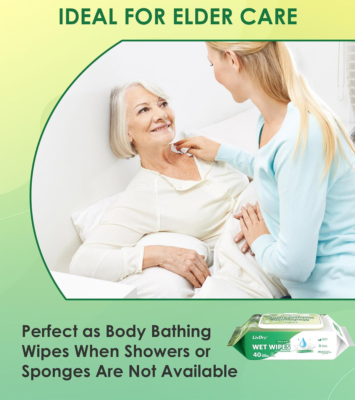 LivDry Adult Wet Wipes, Large Disposable Washcloths 12x8 Inches, Wipes for Elderly, Body Wash Wipes for Cleaning, 40 Count (6 Pack)