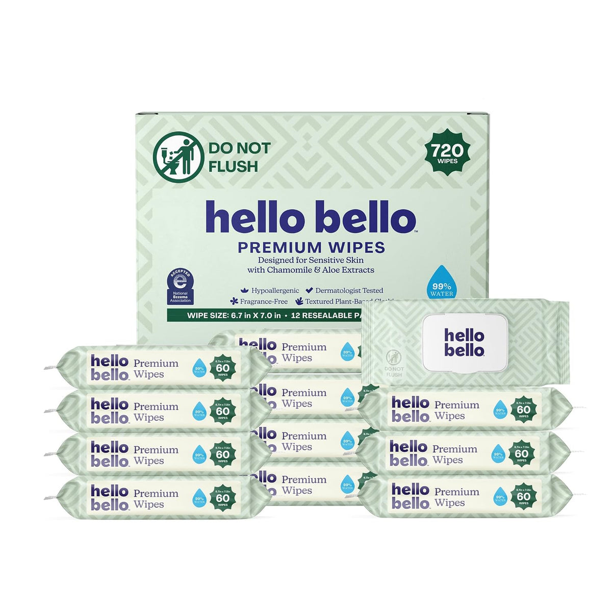 Hello Bello Premium Baby Wipes (Simply Sage) Fragrance-Free 12pk = 720ct