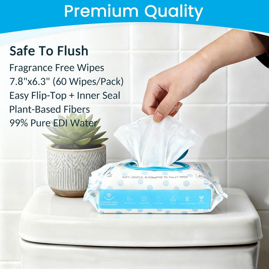 WONDERFUL Flushable Butt Wipes, Unscented 100% Plant-Based Wet Wipes for Adults & Kids, Sewer & Septic Safe, Gentle & Soft, Wipes Flushable Pack for Bathroom & Travel, 6-Pack (360 Count)