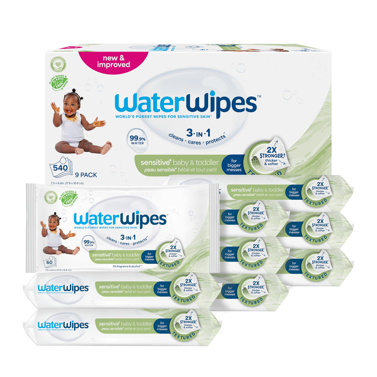 WaterWipes Sensitive+ Baby & Toddler Wipes, 3-In-1 Cleans, Cares, Protects, 99.9% Water, Textured Clean, Unscented & Hypoallergenic, 240 Count (4 Packs)