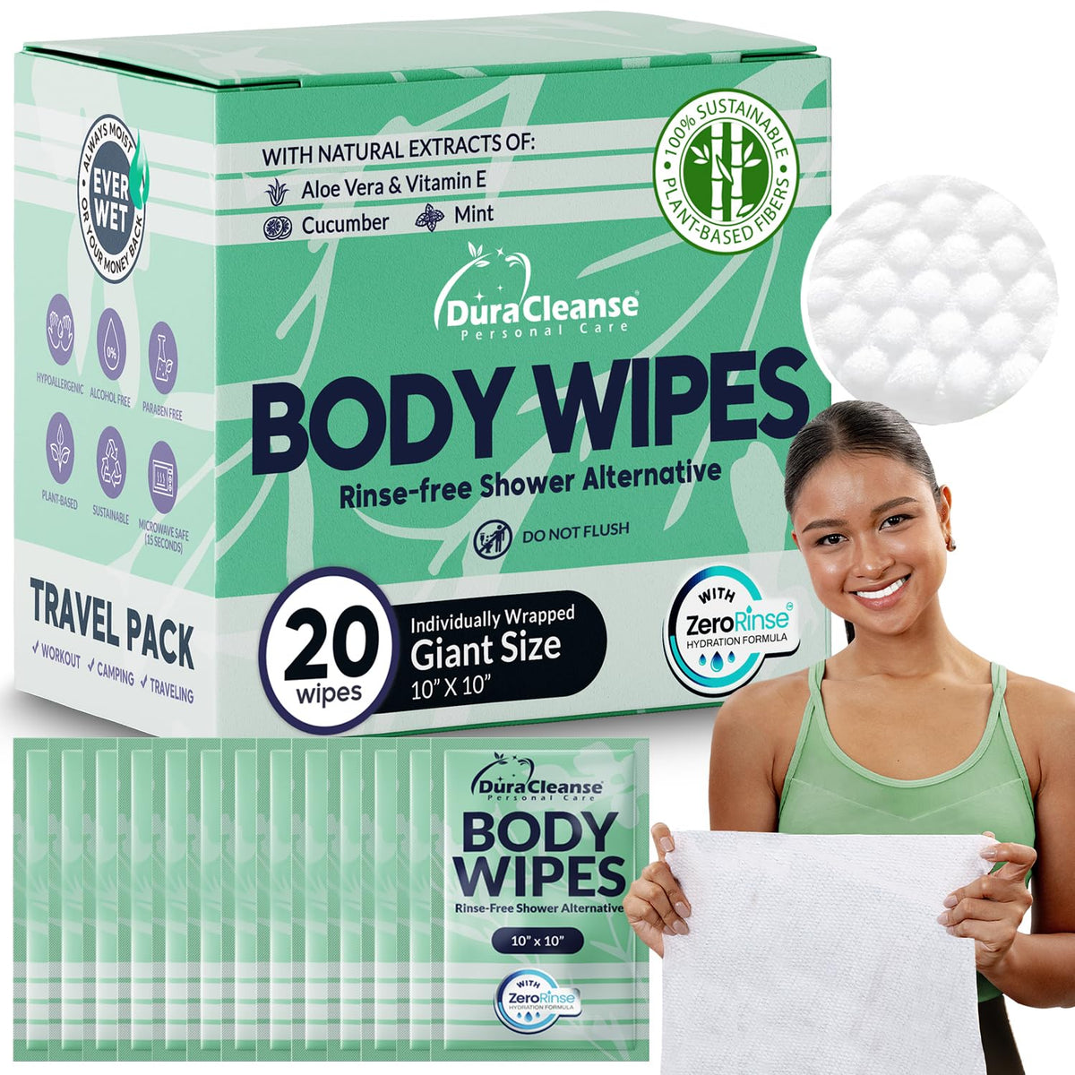 Body Wipes for Women - Gentle - No Rinse Bathing Wipes - 50 Ct + 4 Travel