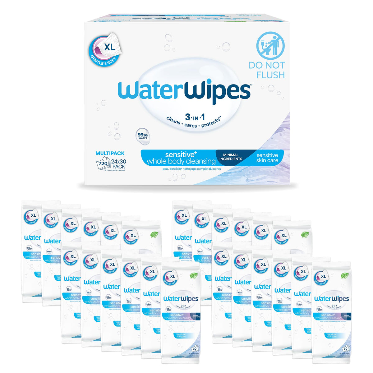 WaterWipes Sensitive Whole Body Cleansing Wipes, 99.9% Purified Water, XL Textured Wipes, Incontinence Care, Fragrance Free, 180 Count