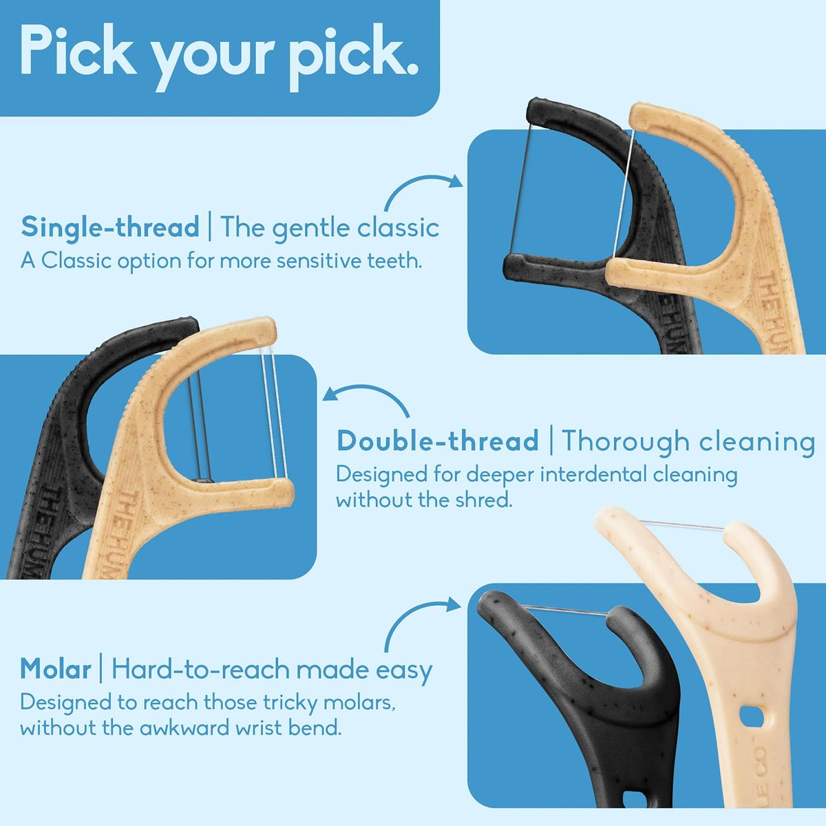 The Humble Co. Dental Floss Picks, Double Thread, Charcoal (200 Count)