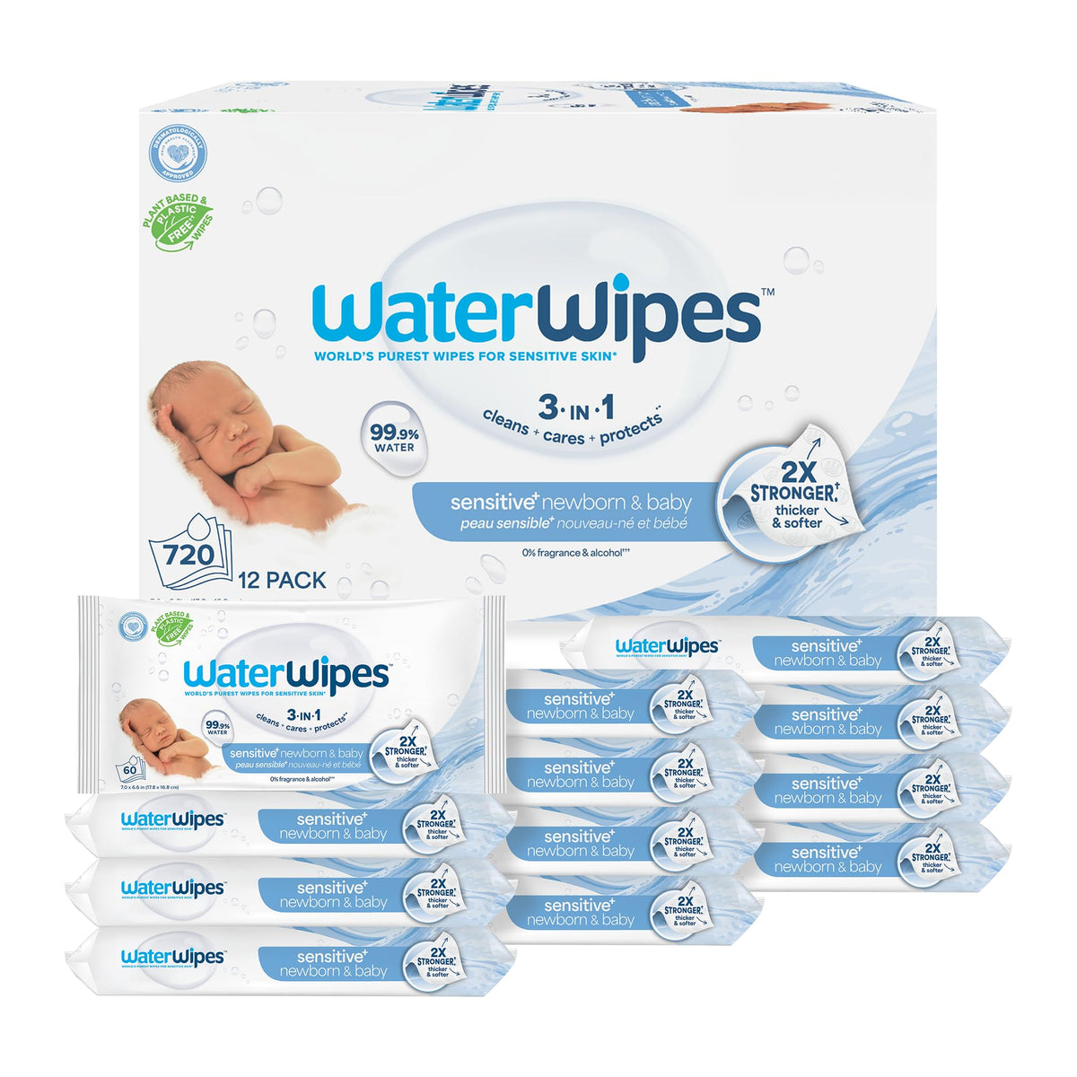 WaterWipes Sensitive+ Newborn & Baby Wipes, 3-In-1 Cleans, Cares, Protects, 99.9% Water, Unscented & Hypoallergenic, 540 Count (9 Packs)