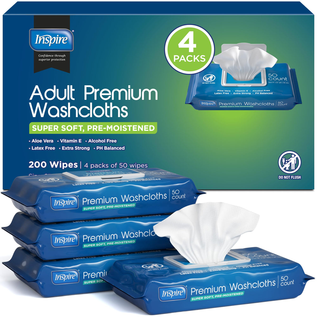 Inspire Adult Wet Wipes, Wash Cloths, Incontinence & Cleansing for Elderly Extra Large, 8"x12" (Pack of 8)