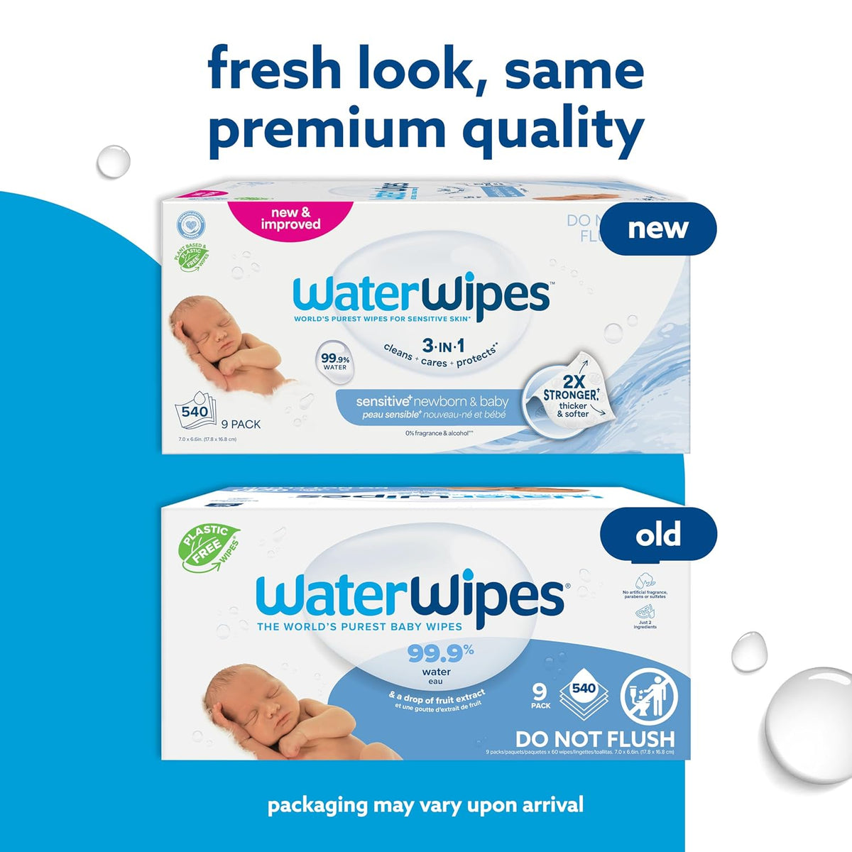 WaterWipes Sensitive+ Newborn & Baby Wipes, 3-In-1 Cleans, Cares, Protects, 99.9% Water, Unscented & Hypoallergenic, 540 Count (9 Packs)