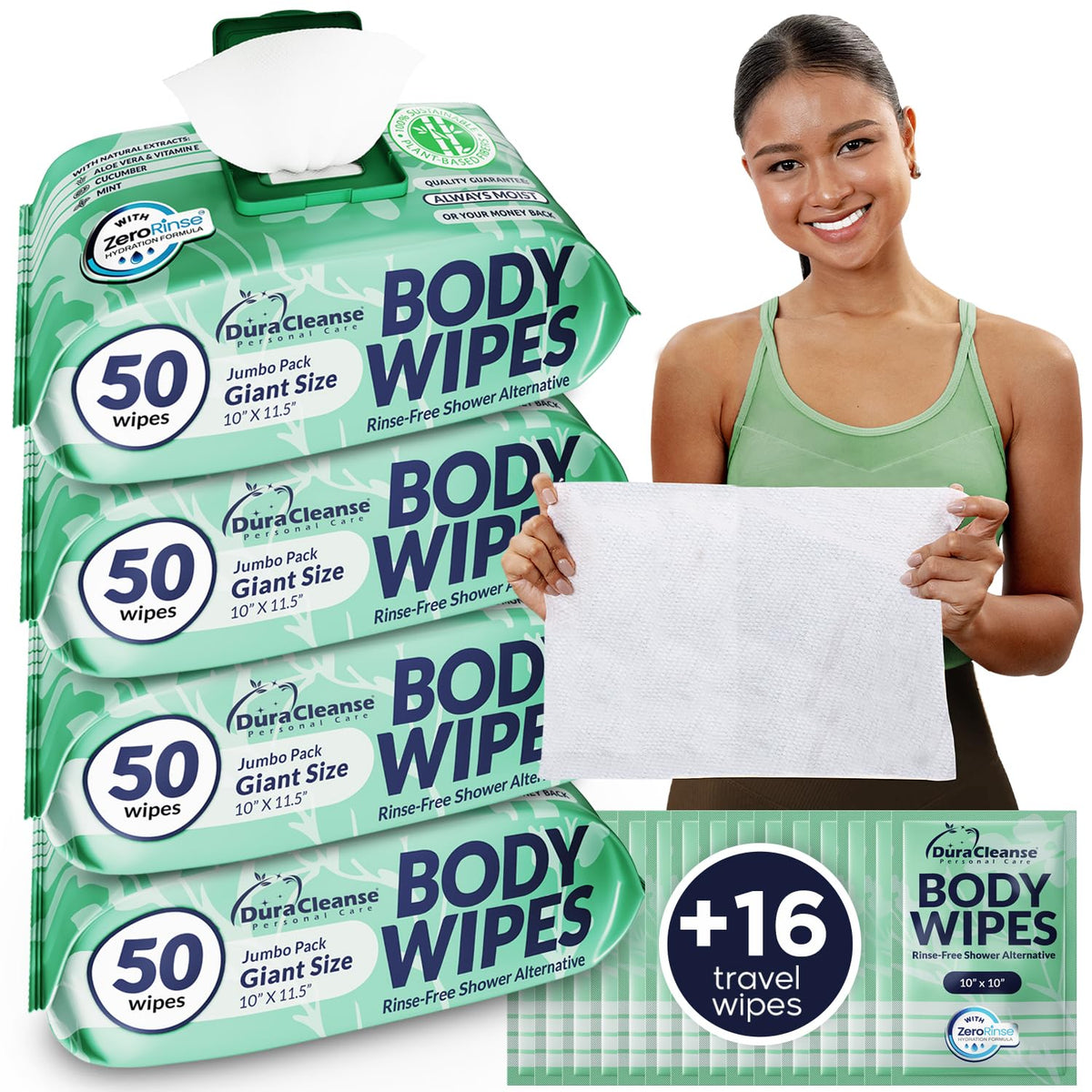 Body Wipes for Women - Gentle - No Rinse Bathing Wipes - 50 Ct + 4 Travel