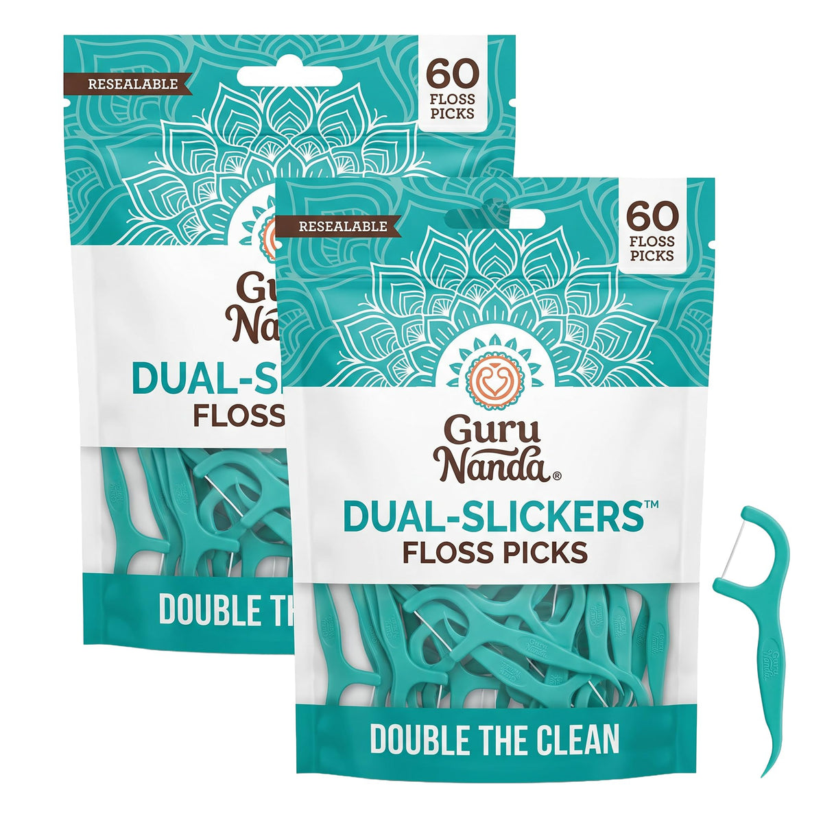 GuruNanda Dual Slickers Floss Picks - Double Threaded Dyneema Dental Floss with Foldable Toothpick for Effective Plaque Removal - Unflavored- 150 Ct