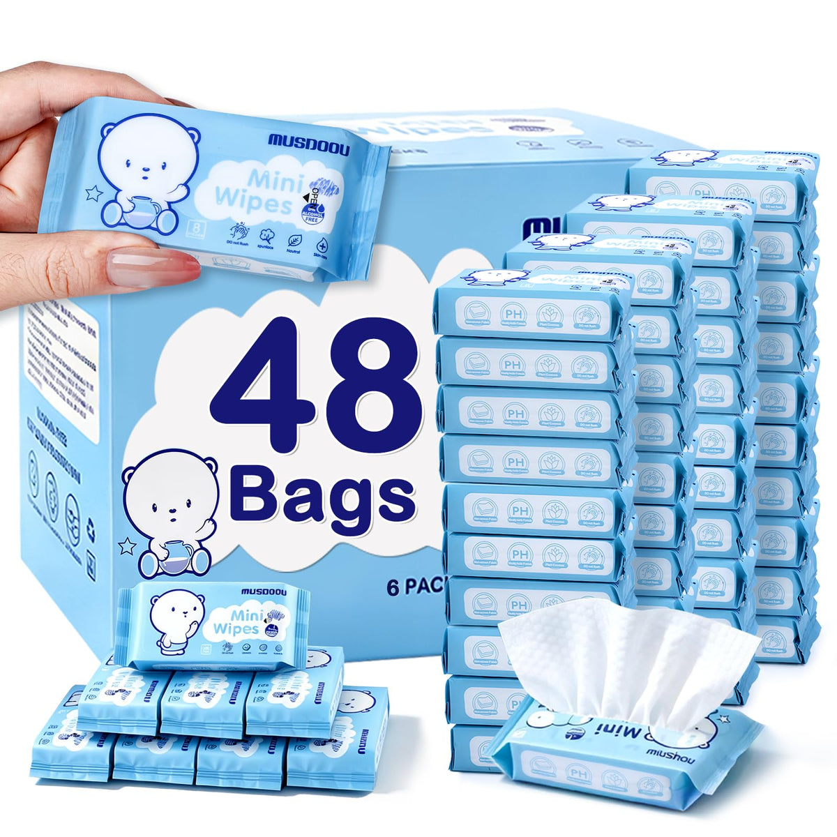 48 Pack Mini Travel Wet Wipes, 8 Wipes Each, Pocket Size Portable Wipes with 99.5% Water, Unscented Gentle Cleansing Wipes for Travel Essentials, Camping, Festivals & Everyday On-The-Go Use