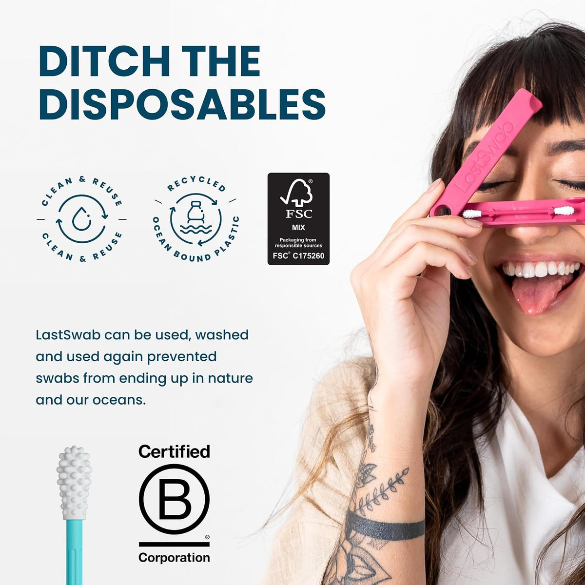 LastSwab® Reusable Cotton Swabs & Reusable Q-Tips - Washable Silicone Ear Swabs, Ear Cleaner & Wax Removal Tool - Eco-Friendly Zero Waste Single-Use Qtips Alternative - Travel Case Holder - Turquoise