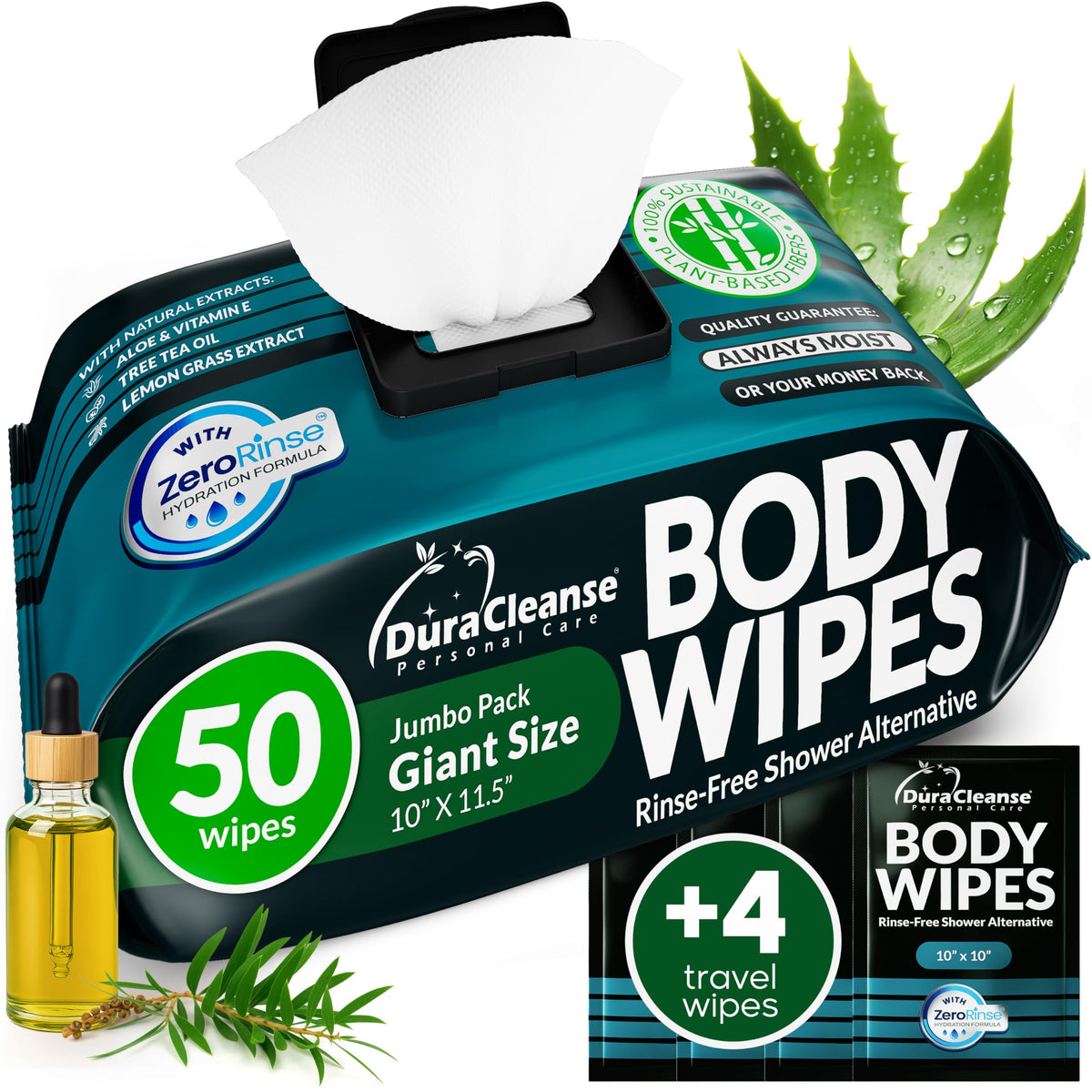 Body Wipes for Women - Gentle - No Rinse Bathing Wipes - 50 Ct + 4 Travel