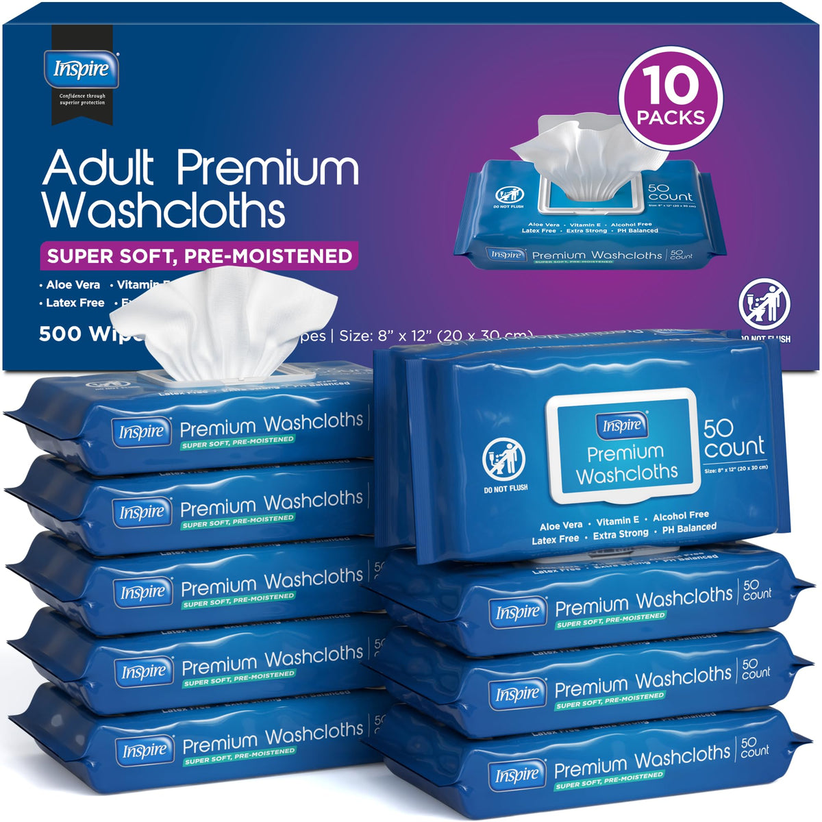 Inspire Adult Wet Wipes, Wash Cloths, Incontinence & Cleansing for Elderly Extra Large, 8"x12" (Pack of 8)