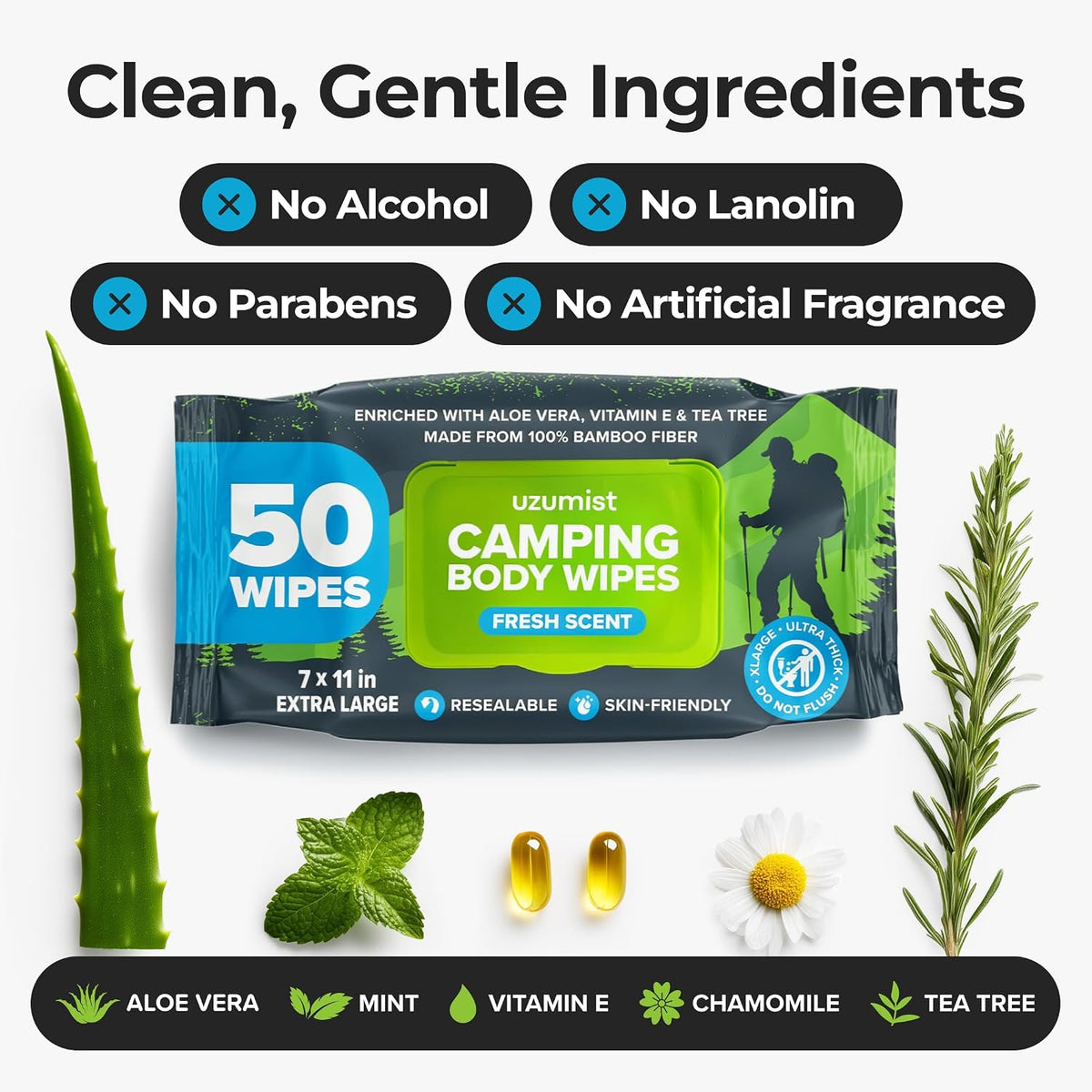 Camping Essentials - Body Wipes for Adults Bathing No Rinse - XL Wipes