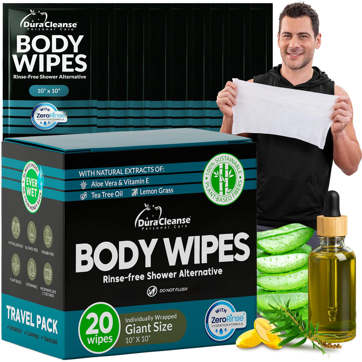 Body Wipes for Women - Gentle - No Rinse Bathing Wipes - 50 Ct + 4 Travel