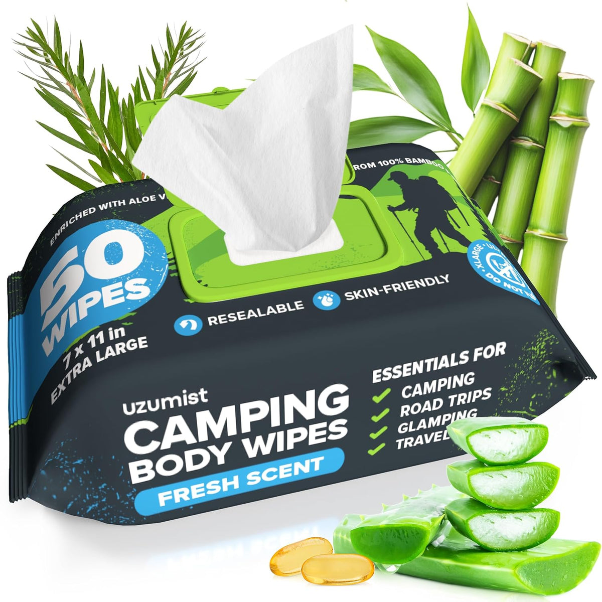 Camping Essentials - Body Wipes for Adults Bathing No Rinse - XL Wipes
