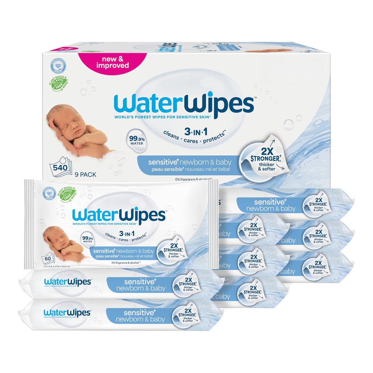 WaterWipes Sensitive+ Newborn & Baby Wipes, 3-In-1 Cleans, Cares, Protects, 99.9% Water, Unscented & Hypoallergenic, 240 Count (4 Packs)
