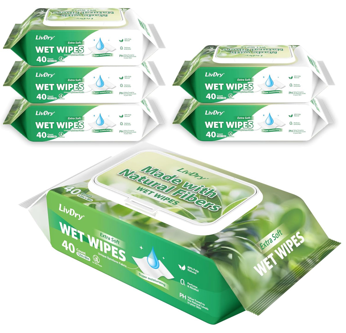 LivDry Adult Wet Wipes, Large Disposable Washcloths 12x8 Inches, Wipes for Elderly, Body Wash Wipes for Cleaning, 40 Count (6 Pack)