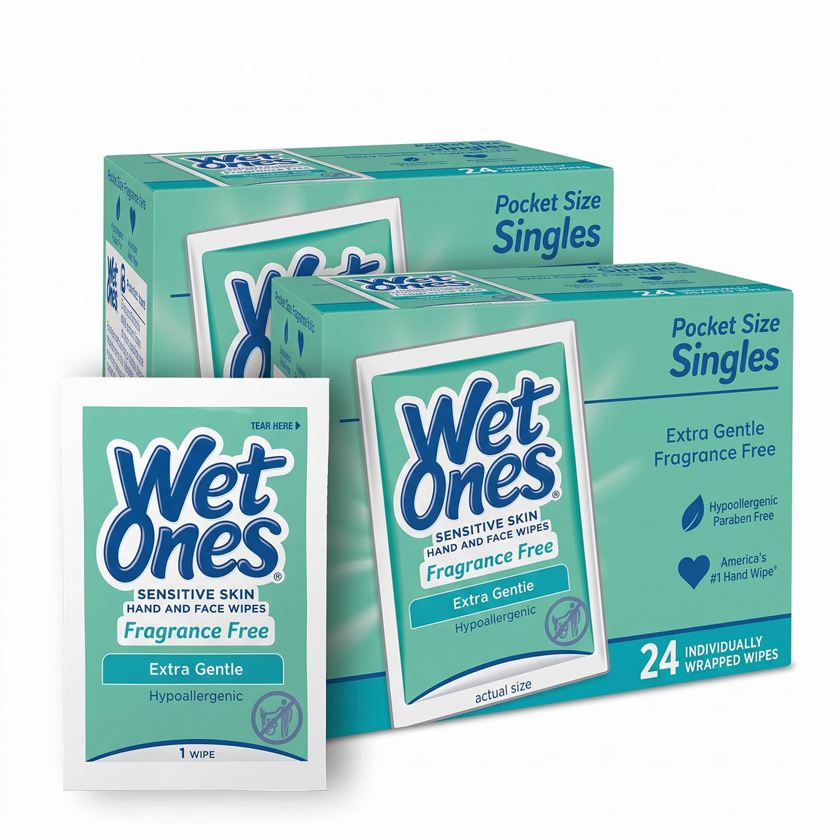 Wet Ones Singles Hand Wipes, Sensitive Skin, Unscented, 24 ct (6 Pack)
