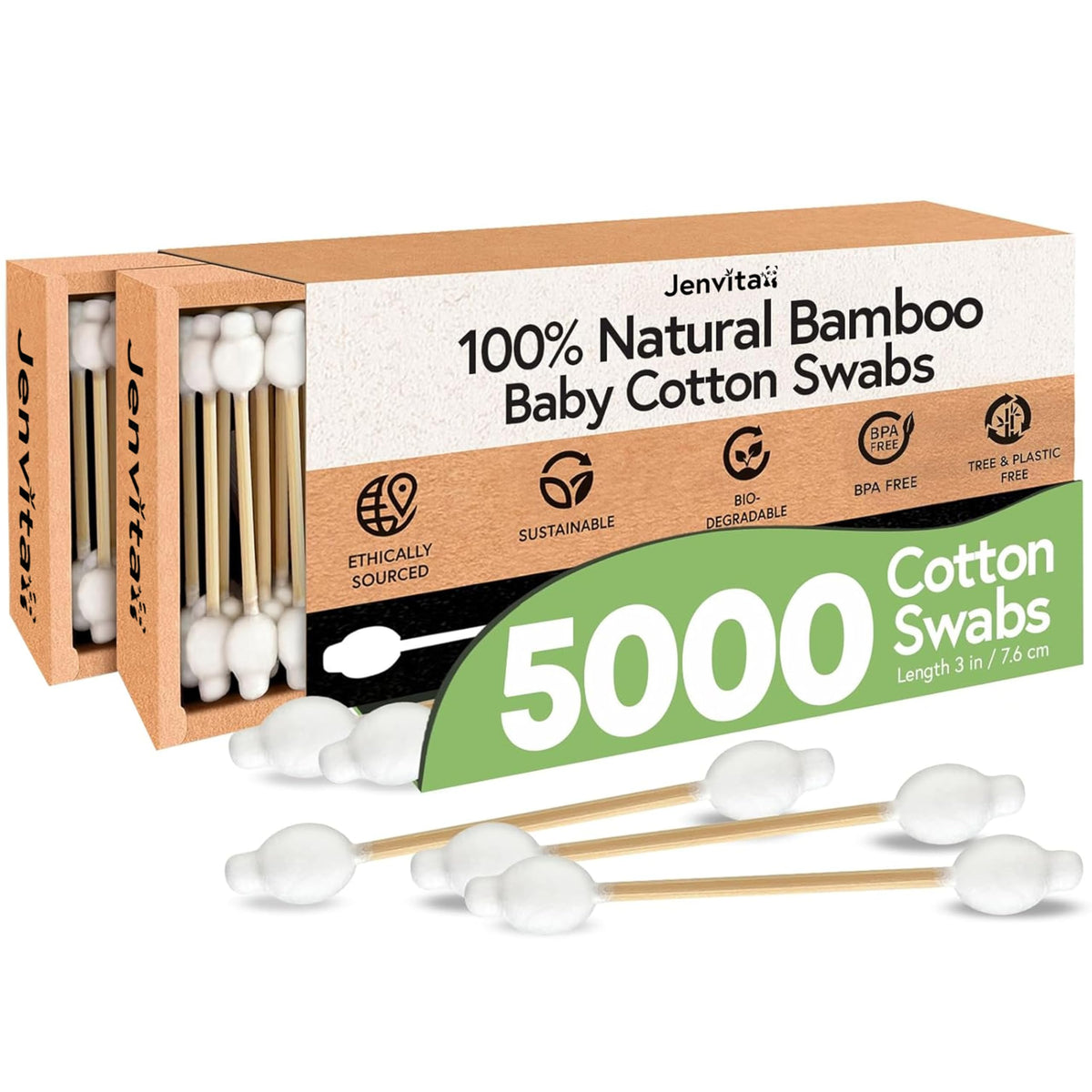 Jenvita 100% Bamboo Cotton Swabs for Ears, 200 Pack, Double-Tipped
