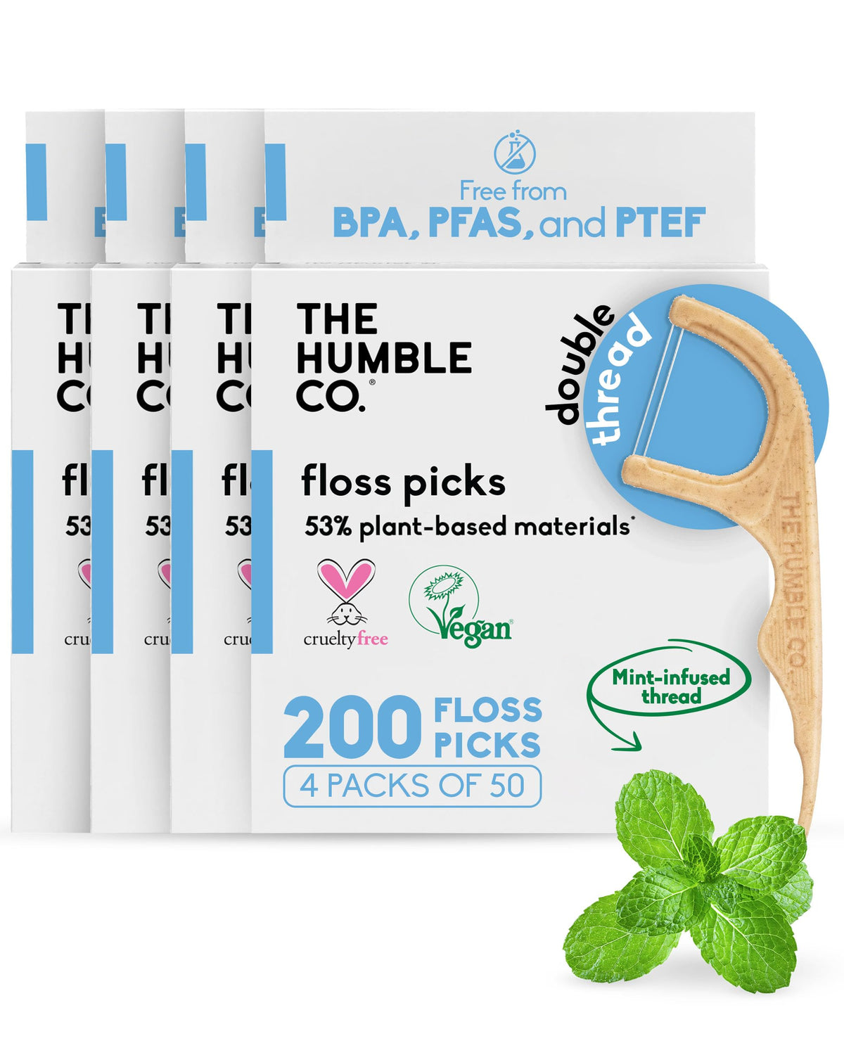 The Humble Co. Dental Floss Picks, Double Thread, Mint (200 Count)
