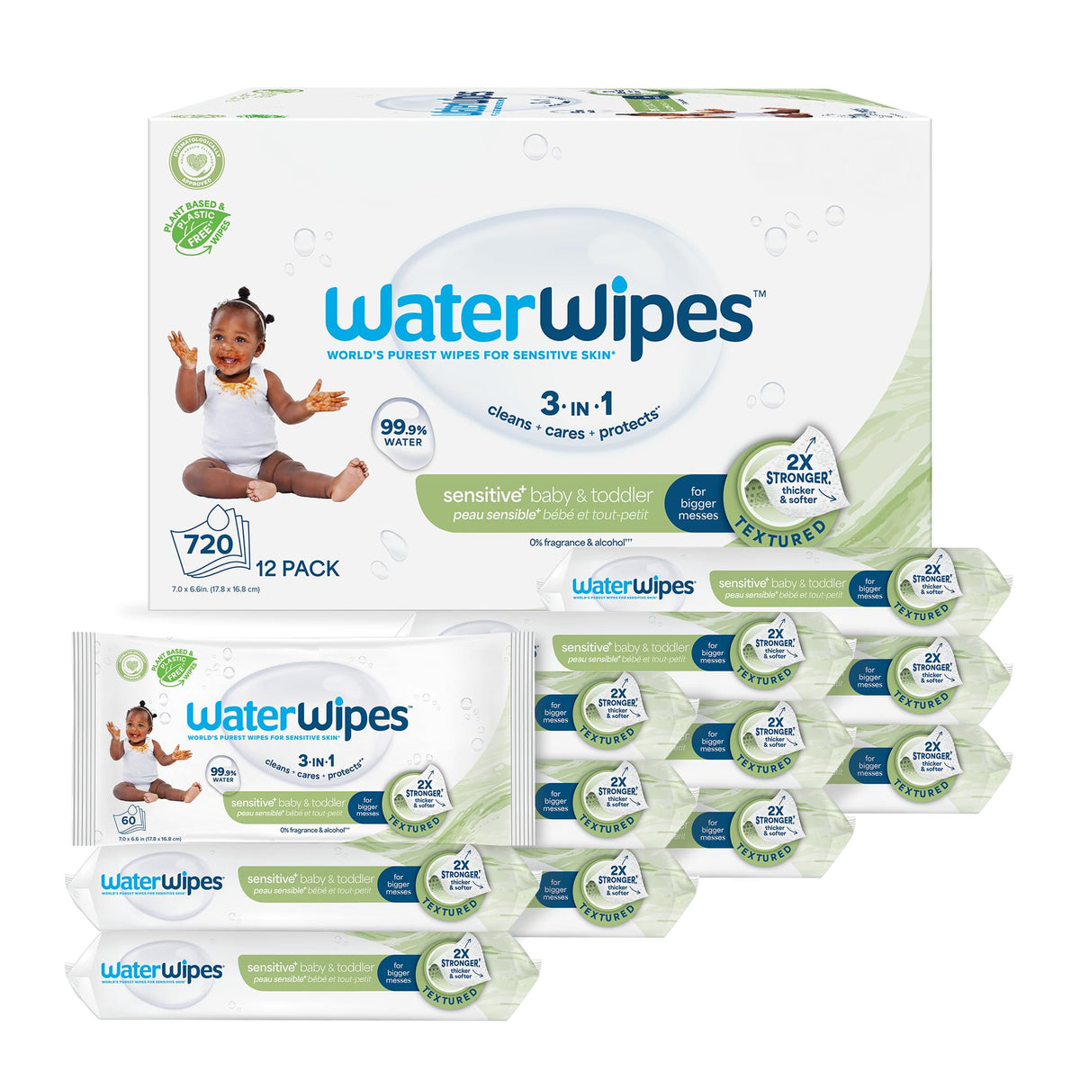 WaterWipes Sensitive+ Baby & Toddler Wipes, 3-In-1 Cleans, Cares, Protects, 99.9% Water, Textured Clean, Unscented & Hypoallergenic, 240 Count (4 Packs)