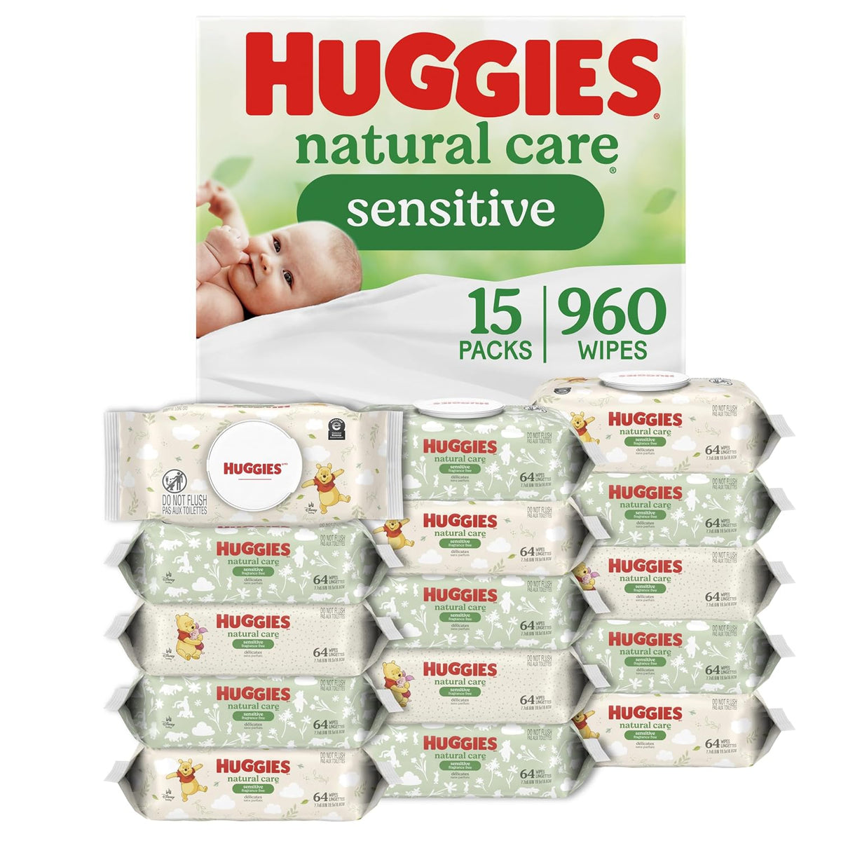 Huggies Natural Care Sensitive Baby Wipes, Unscented, 15 Packs, 960 Wipes