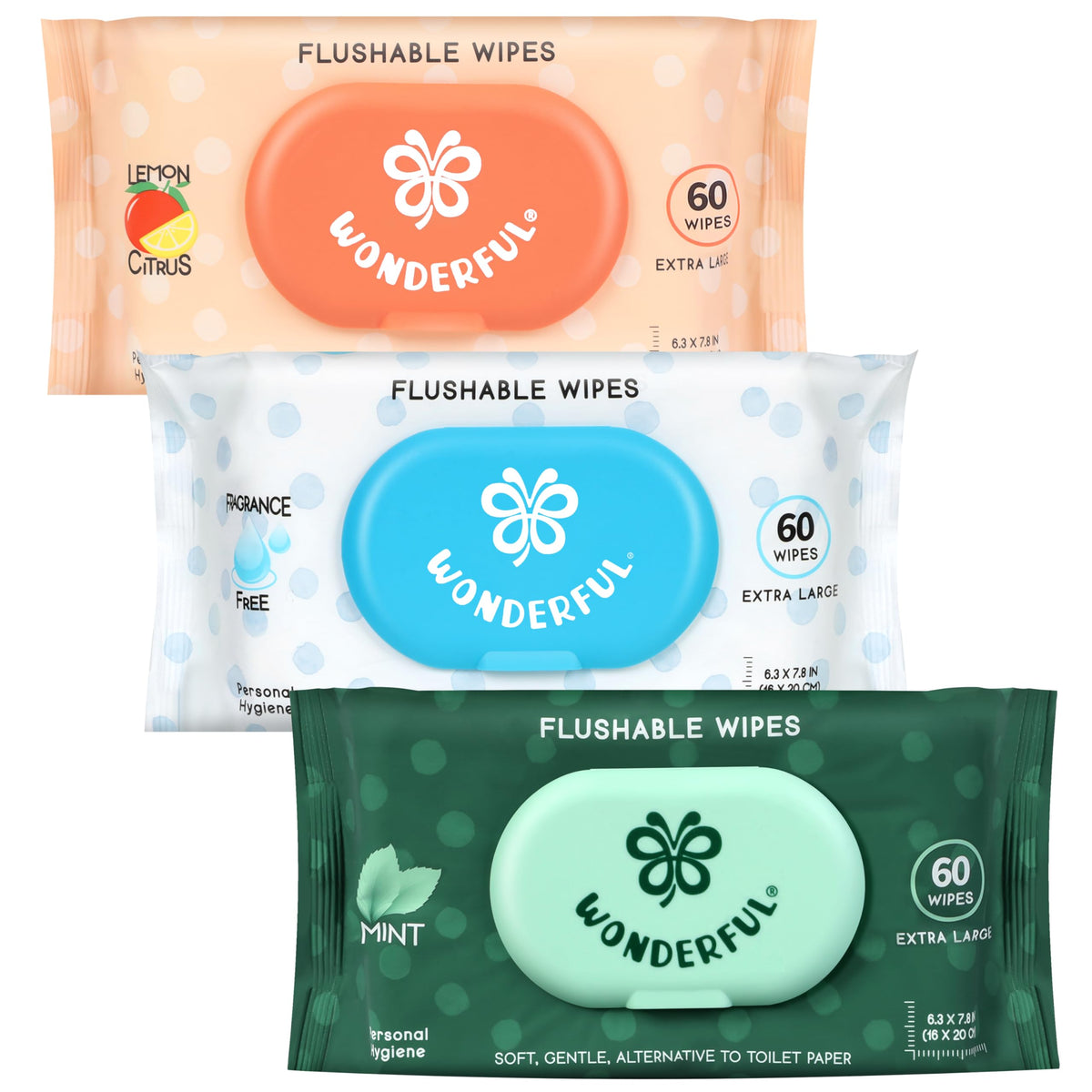 WONDERFUL Flushable Butt Wipes, Unscented 100% Plant-Based Wet Wipes for Adults & Kids, Sewer & Septic Safe, Gentle & Soft, Wipes Flushable Pack for Bathroom & Travel, 6-Pack (360 Count)