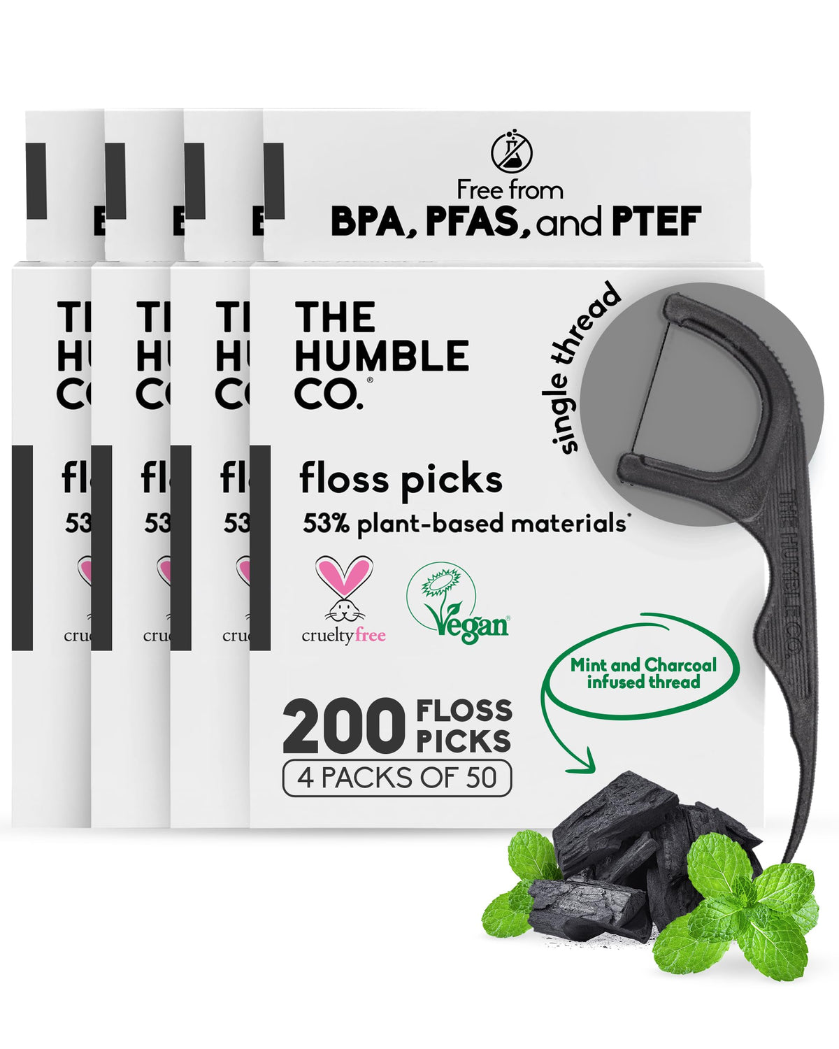 The Humble Co. Dental Floss Picks, Double Thread, Charcoal (200 Count)