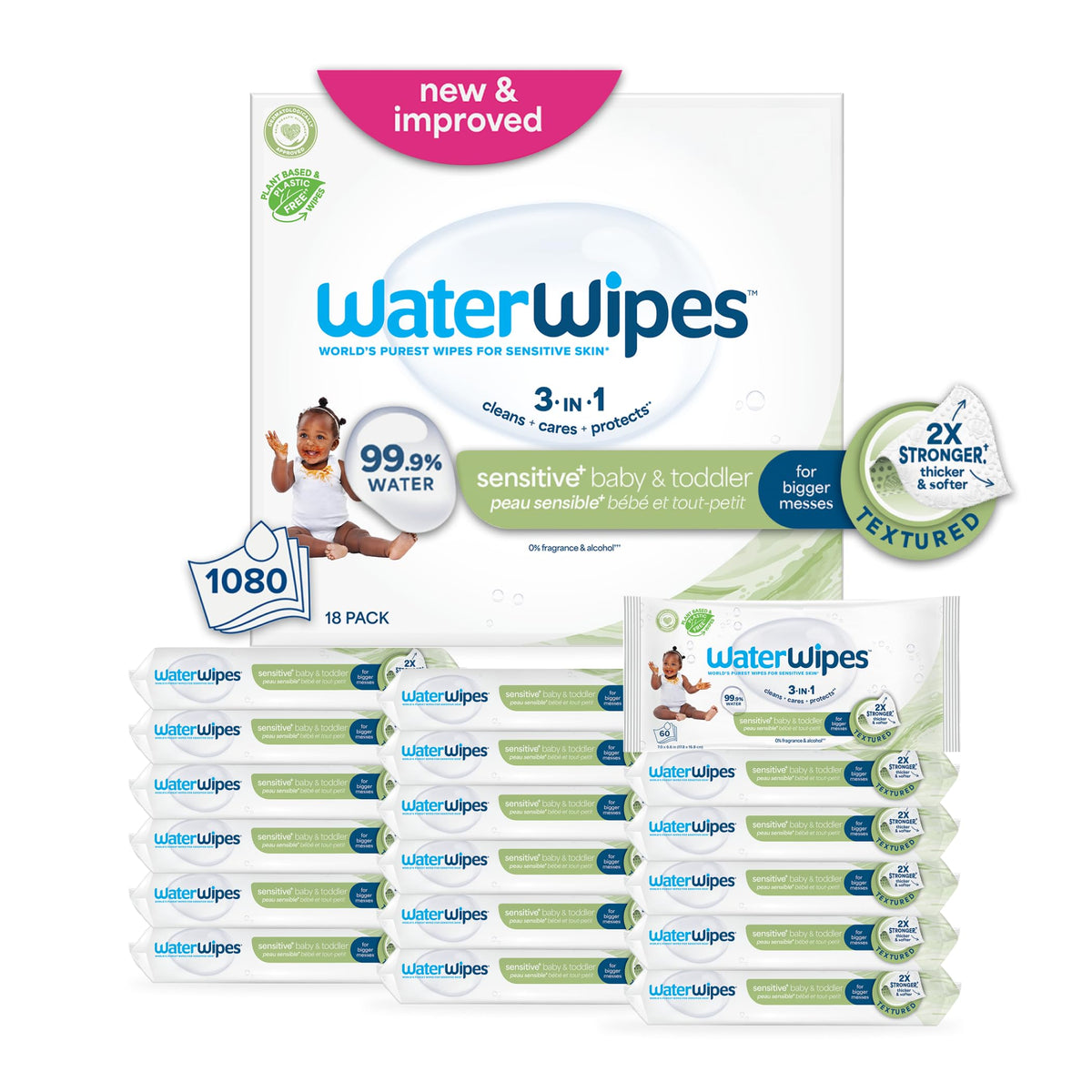 WaterWipes Sensitive+ Baby & Toddler Wipes, 3-In-1 Cleans, Cares, Protects, 99.9% Water, Textured Clean, Unscented & Hypoallergenic, 240 Count (4 Packs)