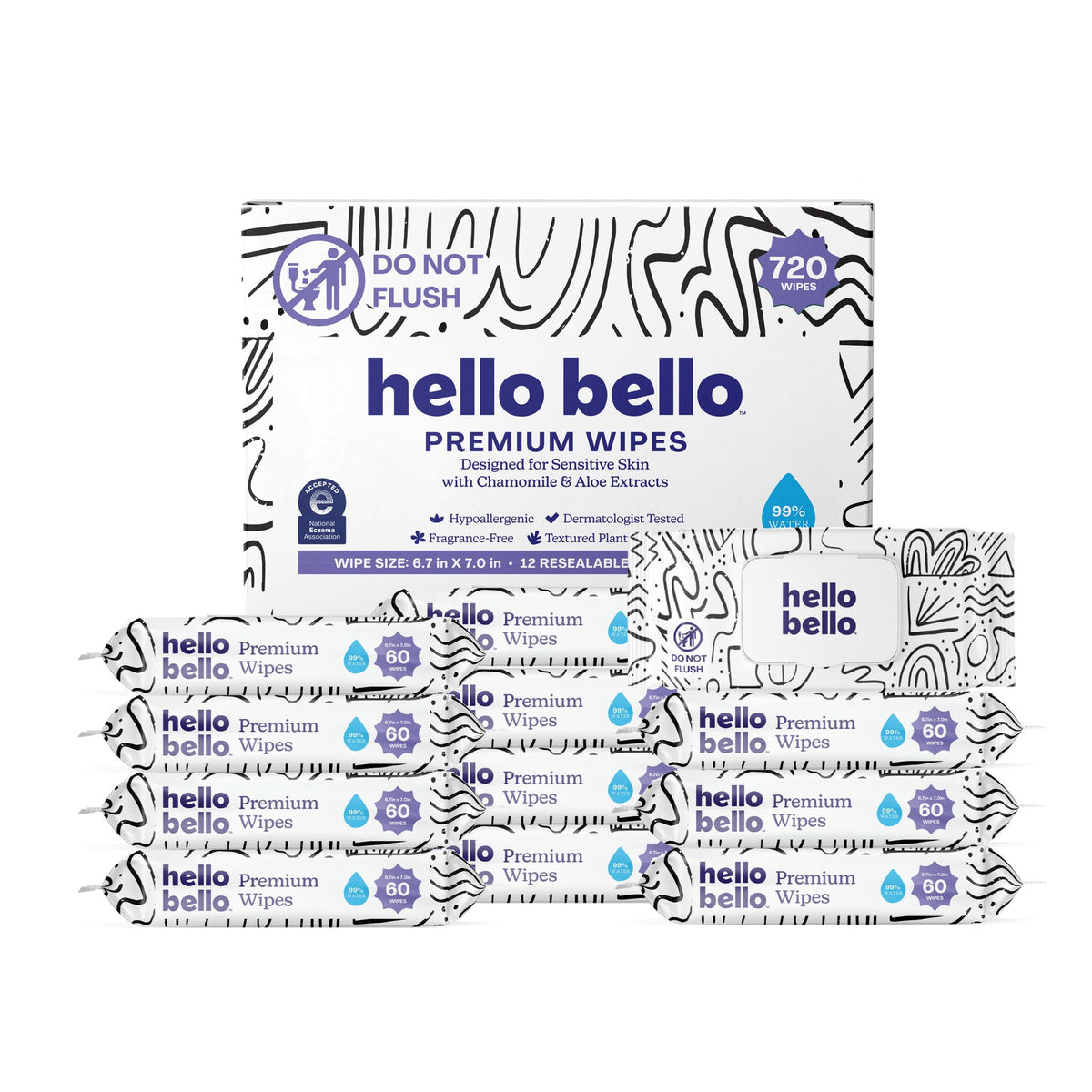 Hello Bello Premium Baby Wipes (Simply Sage) Fragrance-Free 12pk = 720ct