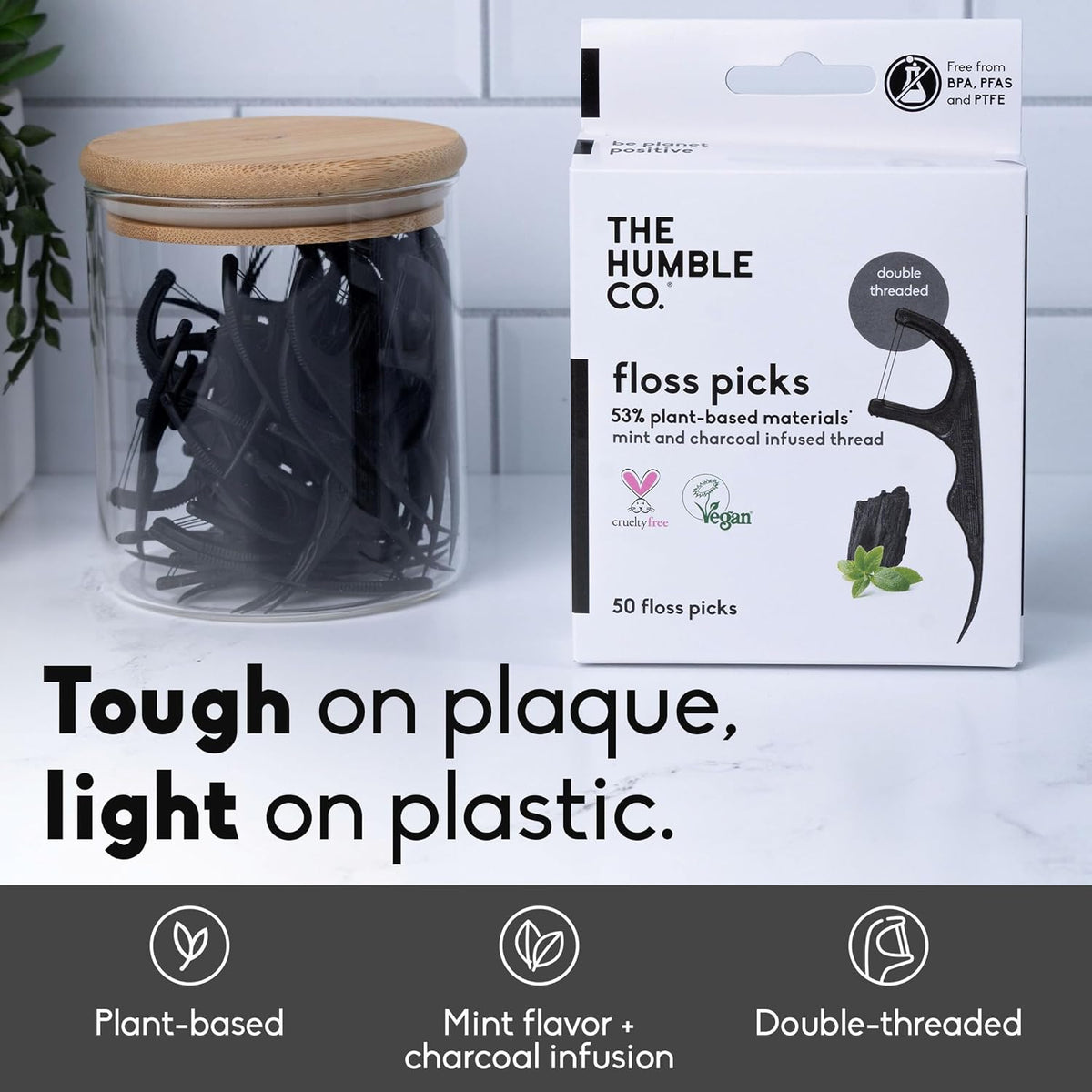 The Humble Co. Dental Floss Picks, Double Thread, Charcoal (200 Count)