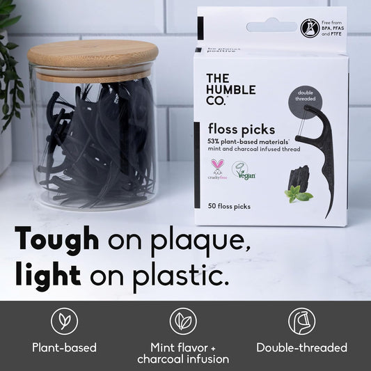 The Humble Co. Dental Floss Picks, Double Thread, Charcoal (200 Count)