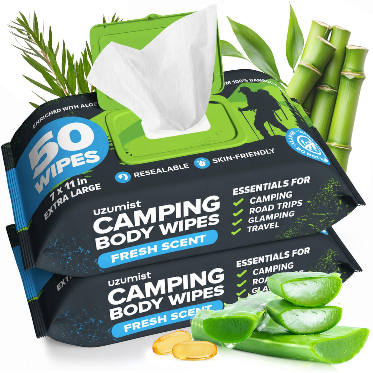Camping Essentials - Body Wipes for Adults Bathing No Rinse - XL Wipes