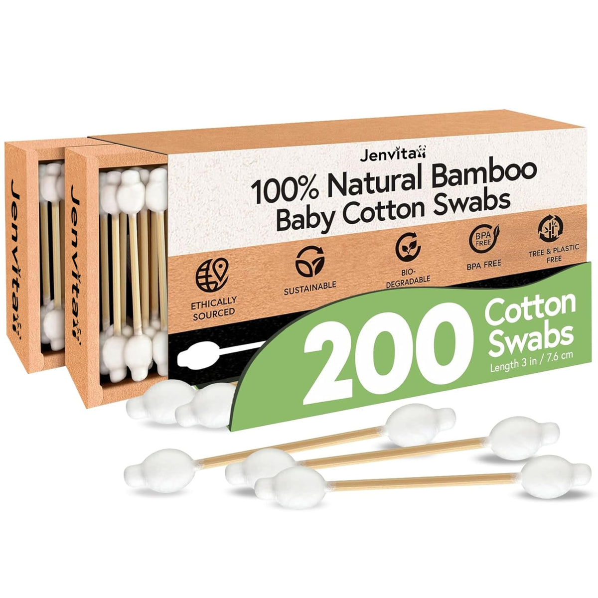 Jenvita 100% Bamboo Cotton Swabs for Ears, 200 Pack, Double-Tipped