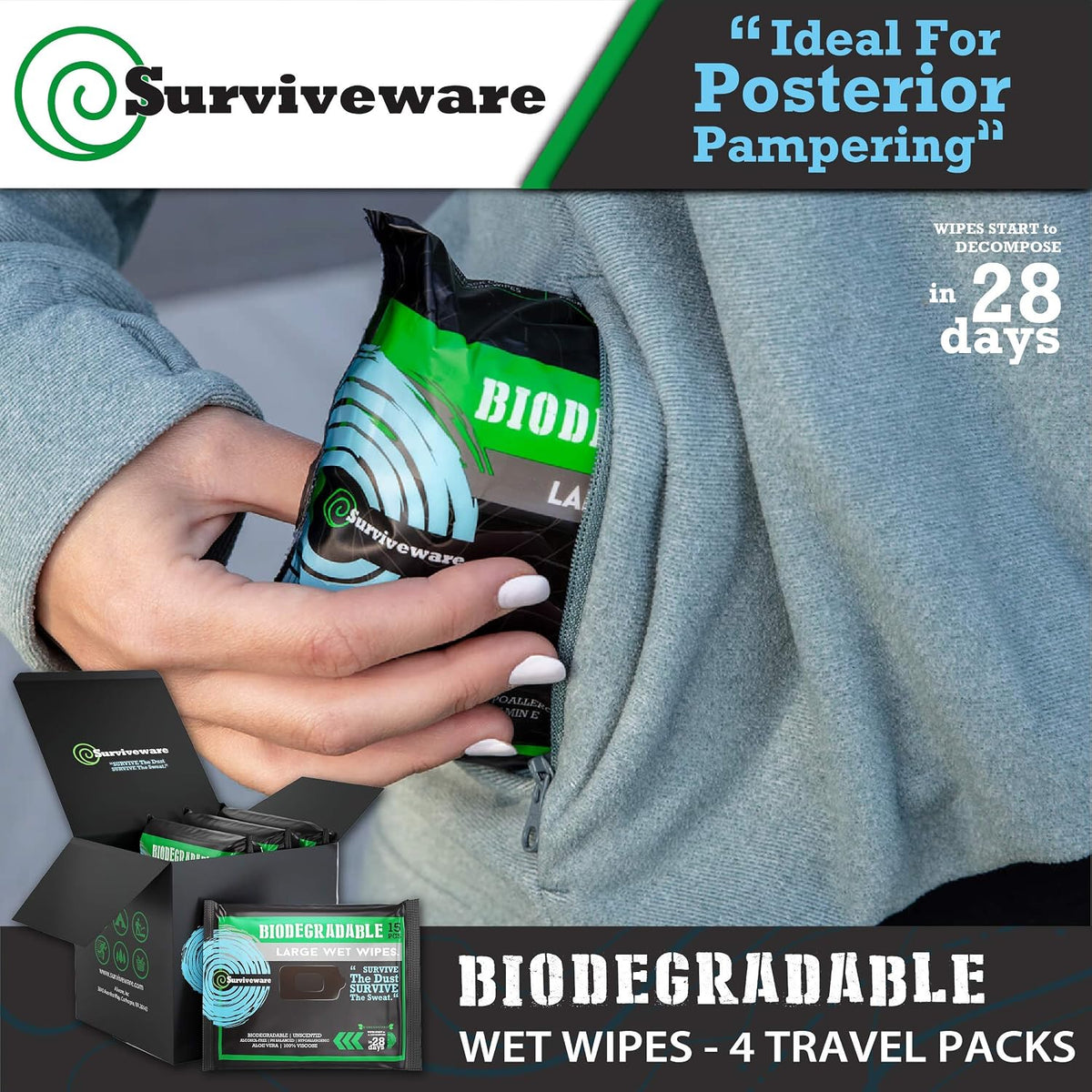 Surviveware Biodegradable Wipes for Men or Women