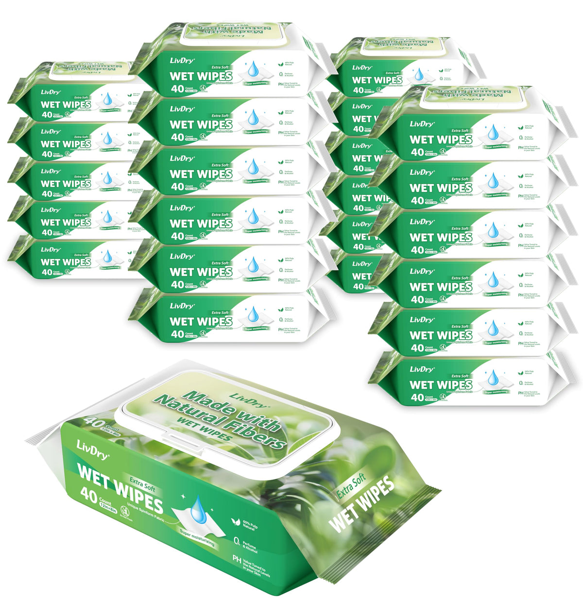 LivDry Adult Wet Wipes, Large Disposable Washcloths 12x8 Inches, Wipes for Elderly, Body Wash Wipes for Cleaning, 40 Count (6 Pack)