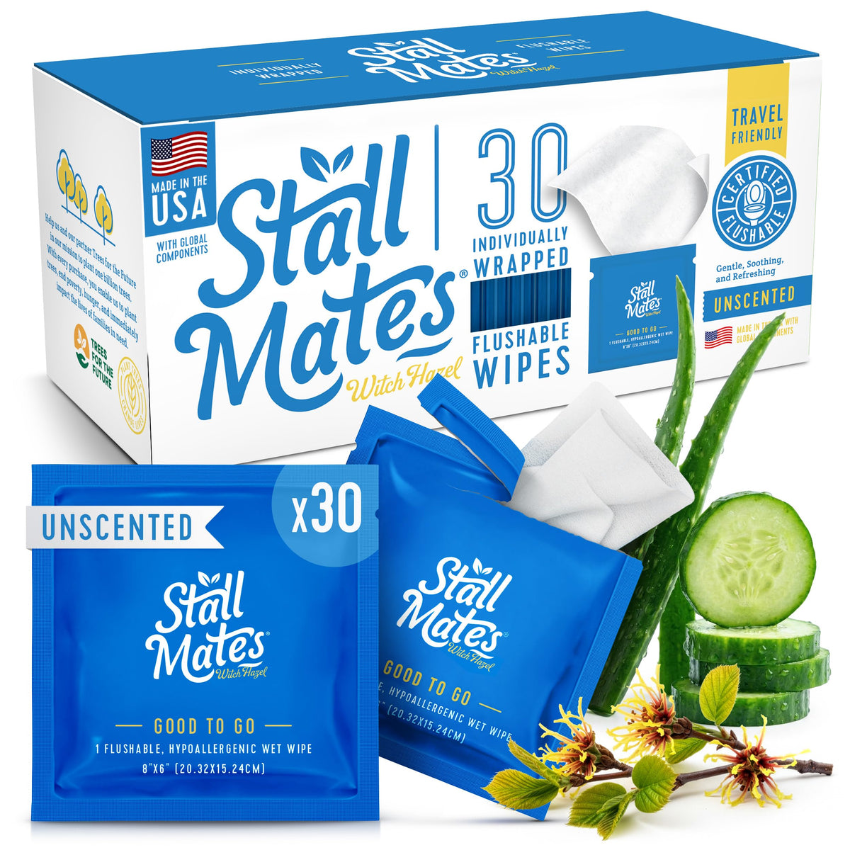 Stall Mates Flushable Wipes, Individually Wrapped, Unscented, 30 Count