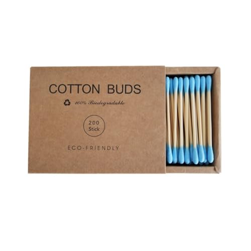 Color Premium Cotton Swabs Natural Cotton Buds Biodegradable Organic Double Tips for Ear Wax Removal (200PCs,Blue)