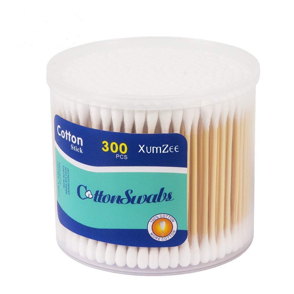 300ct Cotton Swabs with Strong Bamboo Sticks by Xumzee: 100% Pure Natural Cotton,Biodegradable, Chemical Free Cotton Buds