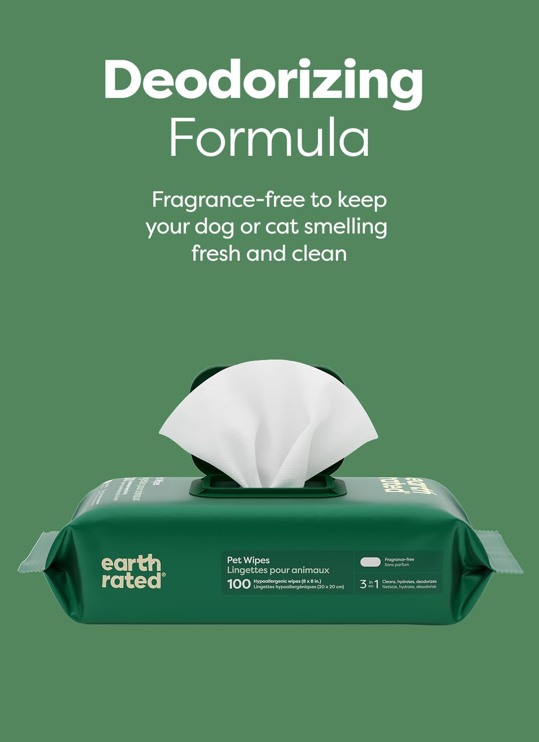 Earth Rated Dog Wipes for Paws & Butt, Deodorizing, Unscented, 400ct