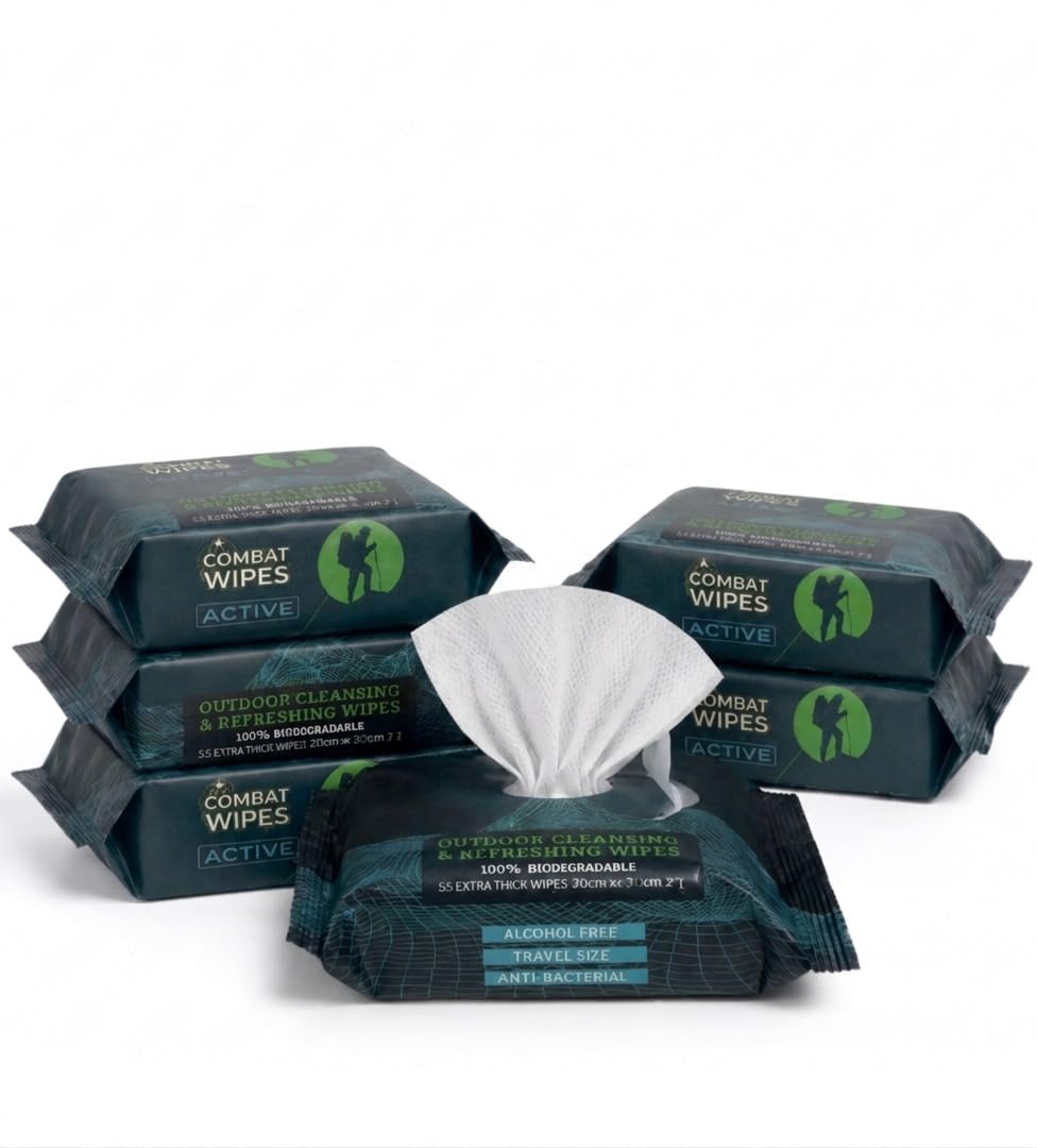 Combat Wipes ACTIVE Outdoor 2-Pack Wet Wipes - Extra Thick Camping Gear, Biodegradable, Body & Hand Cleansing/Refreshing Cloths for Backpacking & Gym w/Natural Aloe & Vitamin E, 50 Ct (25x2 pack)