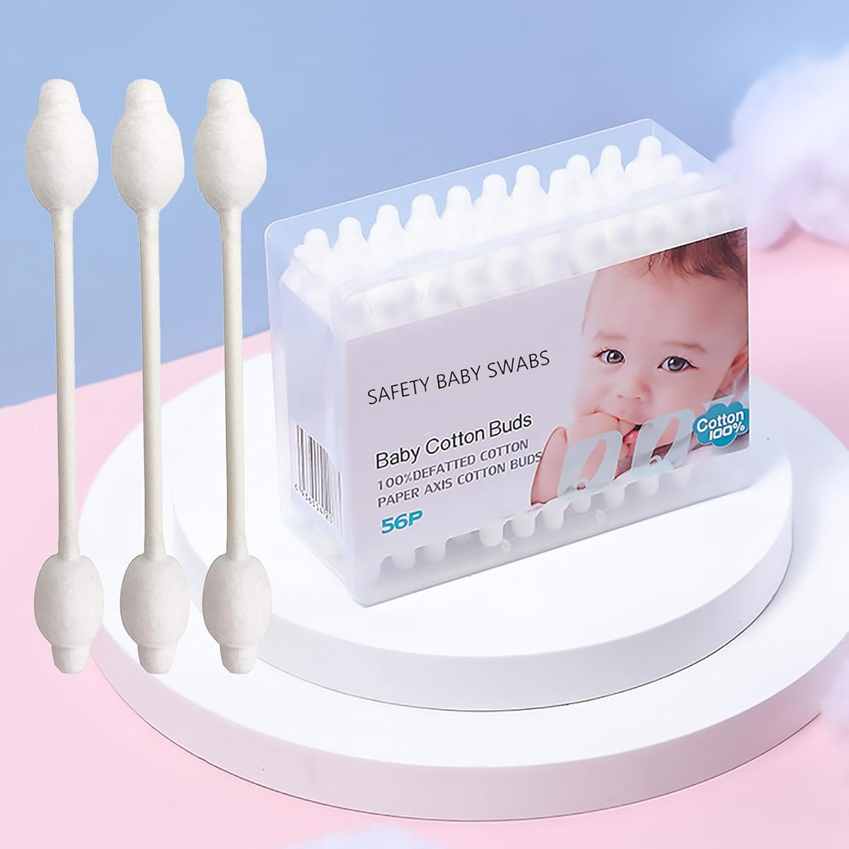 Kids Safety Cotton Swabs with Large Tips for Newborn, Babies,Infants, Kids, Children Baby Cotton Buds with Paper Stick (4 Packs 224 Pcs Total)