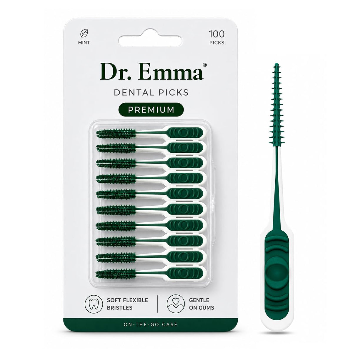 Dr. Emma Soft Rubberized Dental Picks Mint Brush Picks, 100 Count (1 Packs, Mint)