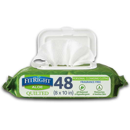 Medline FitRight Aloe Quilted Heavyweight Personal Cleansing Cloth Wipes, Unscented, Pack of 48, 8 x 12 inch Adult Large Incontinence Wipes